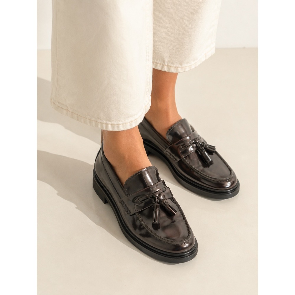 Coach Leah Tassel Loafers Metallic Gunmetal Pewter Leather Shoes Mens 9 B